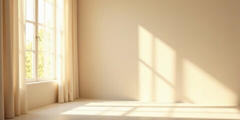 Fototapeta premium Serene Sunlight Illuminating an Empty Room with Sheer Curtains and a Window