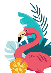 Tropical botanical summer background decoration border design with flamingo bird and floral illustration, PNG file