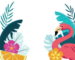 Obraz premium Tropical botanical summer background decoration border design with flamingo bird and floral illustration, PNG file