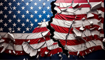 American flag, shattered and cracked, division in politics, democrat, republican, divided country concept