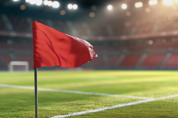 A red corner flag flutters in the wind, marking the edge of the soccer field as players prepare for a crucial match under the stadium lights.
