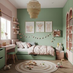 Sage Green pink Kids Room design Zen Boho decor