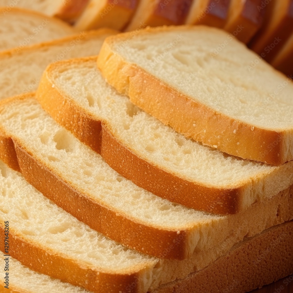 Poster sliced white bread arranged in neat stack offering a close up view of the soft texture and golden cr
