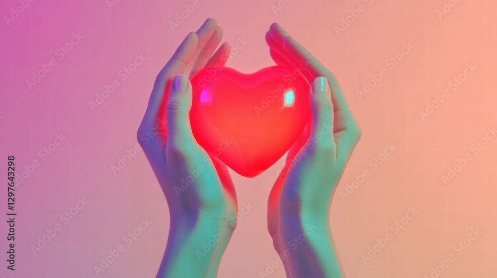 Aufkleber Hands holding a glowing heart symbol against a gradient background in a modern artistic setting. Generative AI