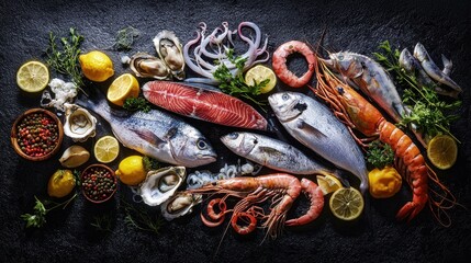 Gourmet seafood platter preparation coastal kitchen food photography rustic environment overhead view culinary art