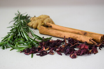 Fresh and dried ingredients for herbal infusions