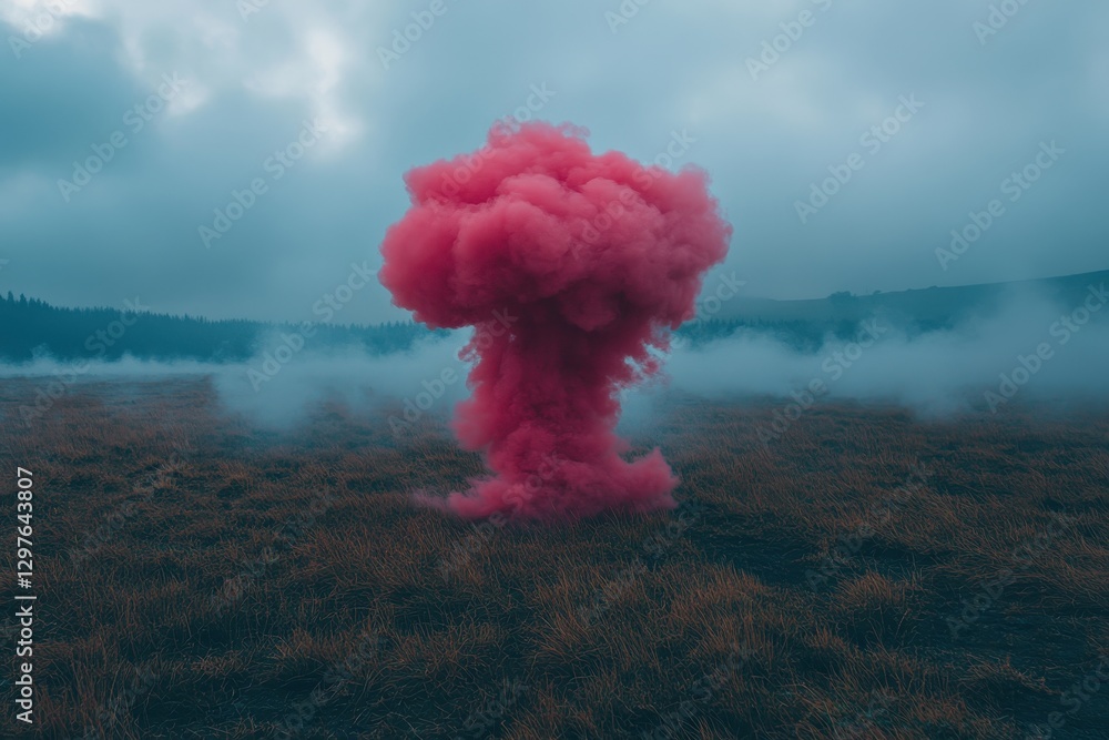 Poster vibrant pink smoke rises dramatically in a grassy field under a cloudy sky, creating an ethereal atm