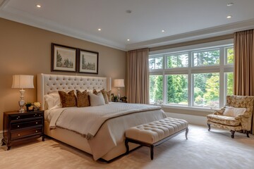 Luxurious master bedroom showcasing elegant furniture and large windows overlooking a tranquil garden