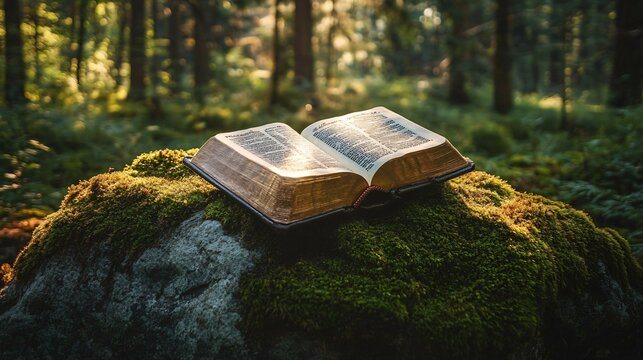 Open Bible on Mossy Rock in Sunlit Forest