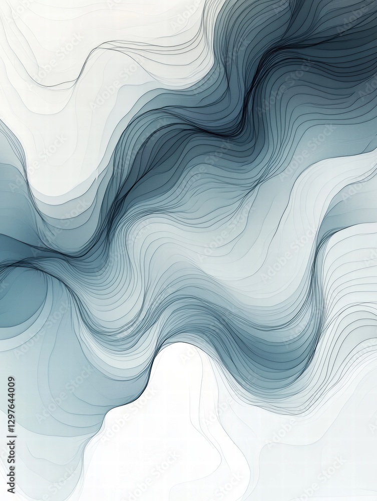 Poster Fluid abstract design with smooth wavy lines in shades of blue and gray on a light background evokes a sense of calm and tranquility. Generative AI