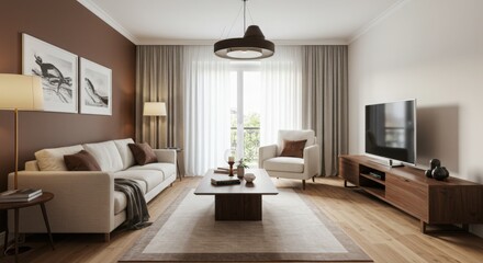 Chocolate Brown white cream Living Room design Retro Zen decor