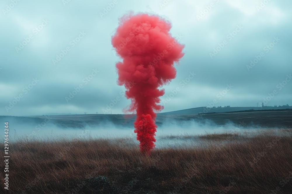 Poster vibrant pink smoke rises dramatically in a grassy field under a cloudy sky, creating an ethereal atm
