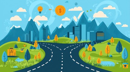 Fototapeta premium A scenic road stretching toward a vibrant city skyline in the distance surrounded by natural beauty and urban life