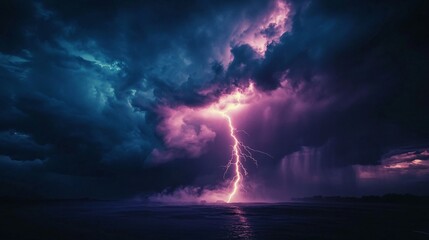 Dramatic lightning illuminates stormy clouds above the dark ocean surface