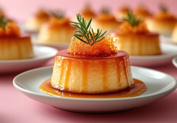 Creamy Flan Dessert with Caramel Drizzle and Garnish on White Plates Surrounded by Soft Pink Background for Culinary Photography