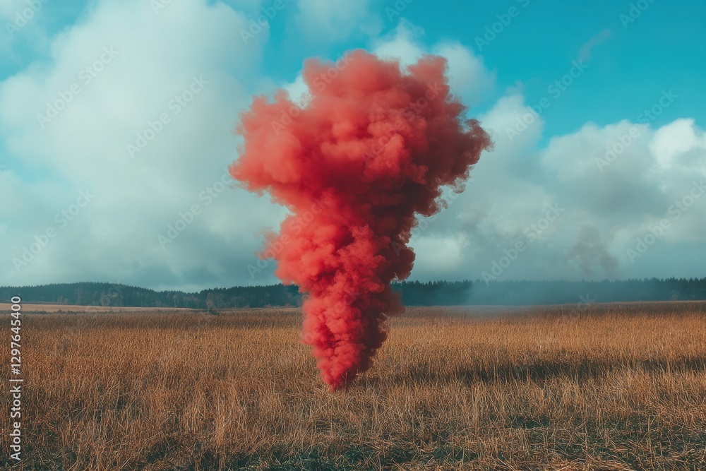 Poster vibrant pink smoke rises dramatically in a grassy field under a cloudy sky, creating an ethereal atm