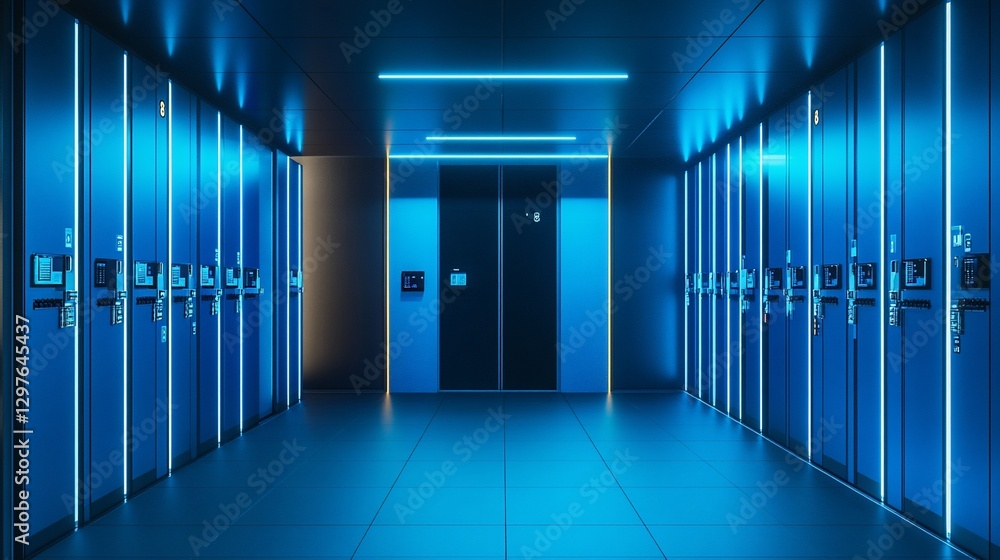 Poster server room corridor with blue neon lights and access panels in a data center setting