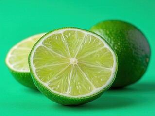 Vibrant lime halves on a green backdrop showcasing freshness zest and bright color creating a refreshing and invigorating mood perfect for healthy food concepts