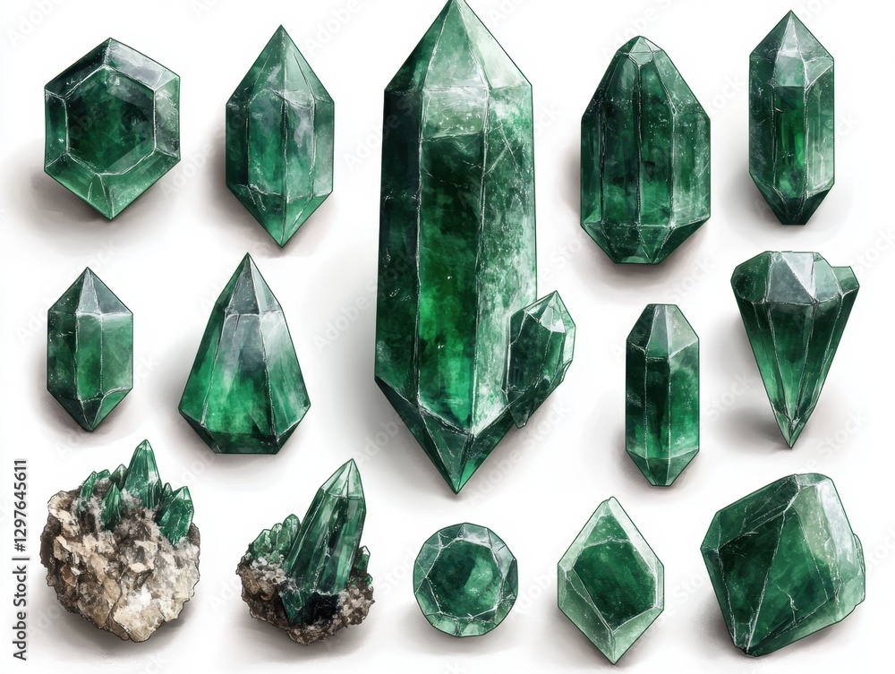 Poster collection of emerald crystals in various shapes and sizes displayed on a white background with soft