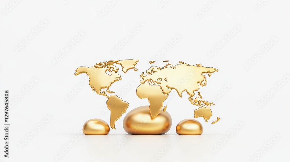 Poster luxurious and minimalist 3d rendered golden world map on white background, showcasing elegance and s