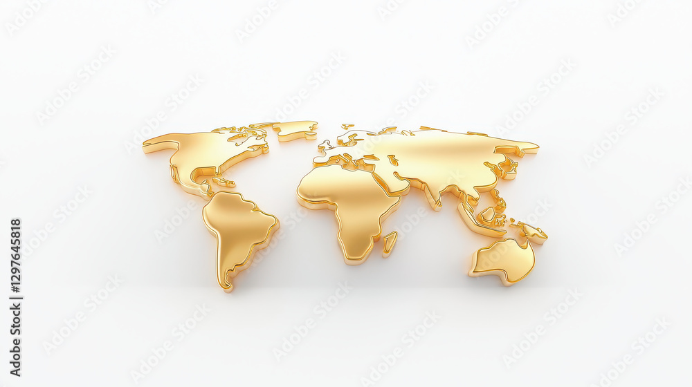 Poster luxurious and minimalist 3D rendered golden world map on white background, showcasing elegance and simplicity