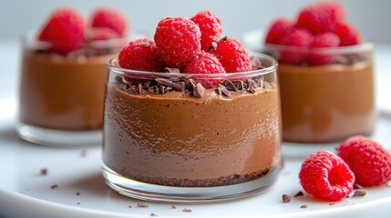 Rich vegan chocolate mousse topped with fresh raspberries and chocolate shavings in glass cups