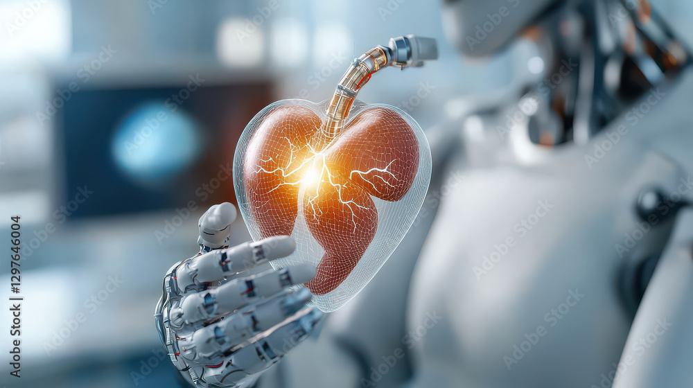 Fototapete humanoid robot holds glowing 3D printed heart in futuristic lab, symbolizing advanced AI driven bioprinting technology