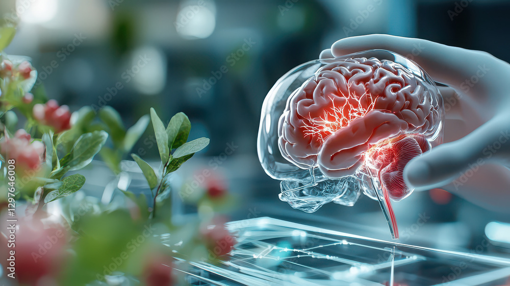 Fototapete robotic hand holds transparent brain model with glowing neural connections, surrounded by plants in futuristic lab setting