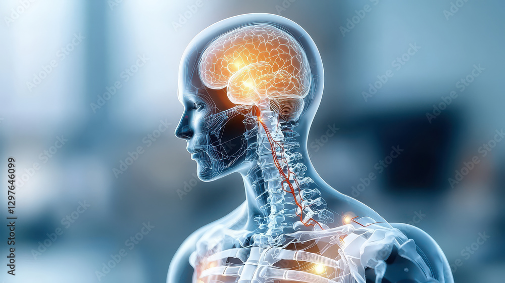 Aufkleber digital illustration of transparent human body highlights brain and nervous system, showcasing intricate connections and pathways. image emphasizes complexity of human anatomy and neural networks