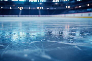 A freshly resurfaced ice rink with subtle skate marks, illuminated by arena lighting. A powerful image symbolizing competition, practice, and the energy of winter sports.

