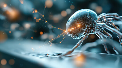 transparent robotic insect with glowing elements explores surface, showcasing advanced AI assisted nanobot technology. scene is illuminated with futuristic ambiance
