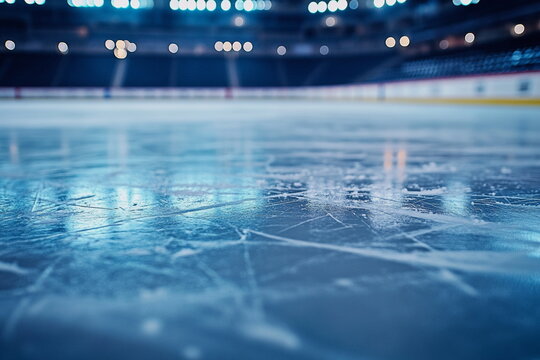 A freshly resurfaced ice rink with subtle skate marks, illuminated by arena lighting. A powerful image symbolizing competition, practice, and the energy of winter sports.