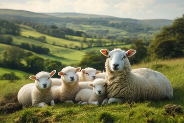Fototapeta premium Sheep family resting on a green meadow in the rolling hills of the English countryside