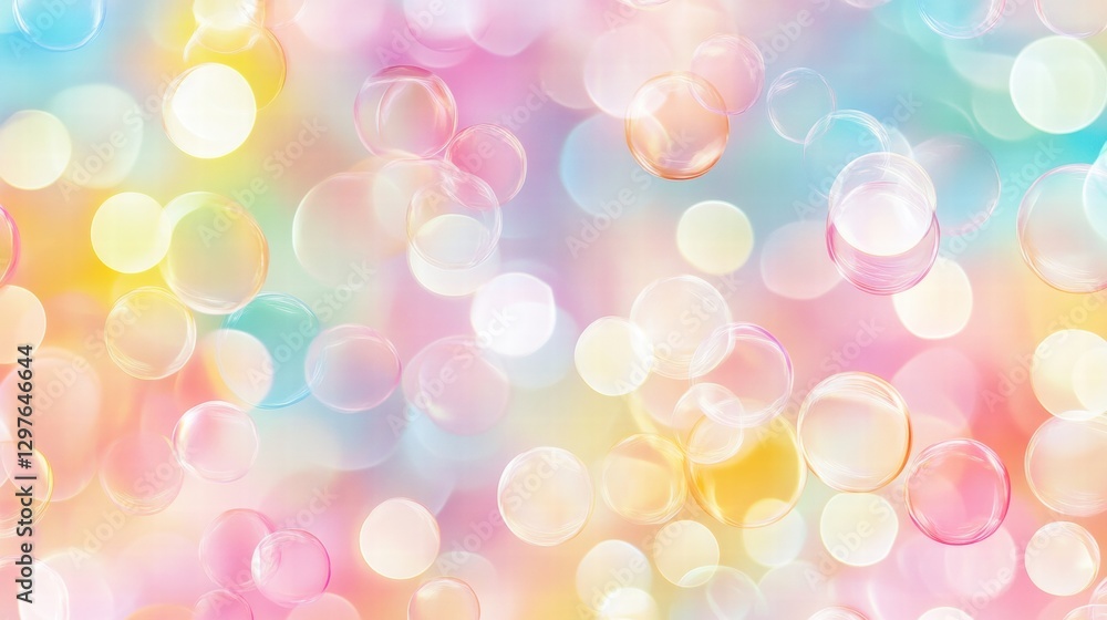 Poster Colorful soap bubbles create a mesmerizing repeating pattern with soft pastel hues in a whimsical atmosphere. Generative AI