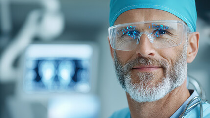 surgeon wearing augmented reality glasses stands confidently in high tech operating room, showcasing integration of AI driven surgical planning