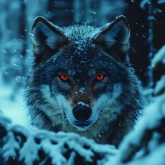 A fierce wolf stands amidst a snowy landscape, its striking red eyes piercing through the cold, creating a captivating scene that embodies the wild spirit of nature.