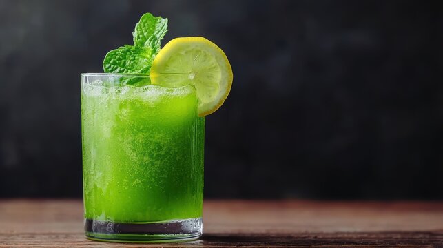 glass of vibrant green detox juice garnished with mint leaves and lemon slice on wooden table