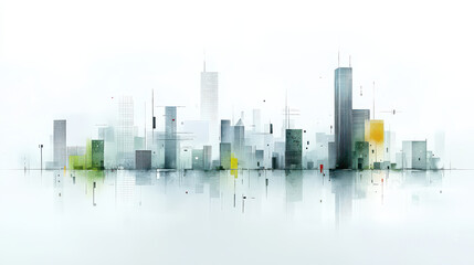 Obraz premium modern cityscape illustration with abstract skyscrapers and reflective surface, featuring minimalist design with green and yellow accents