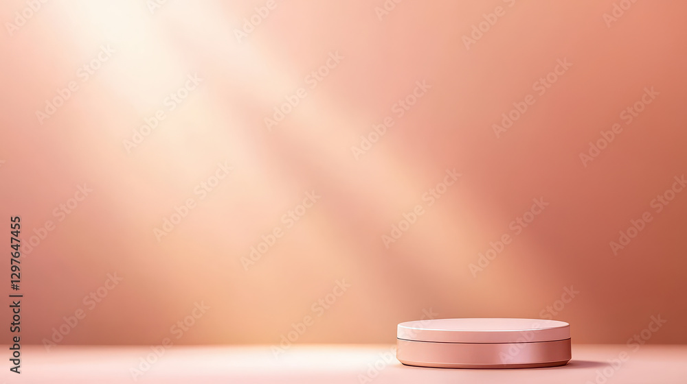 Poster soft beige display platform is illuminated by warm, gentle light, creating elegant and modern atmosphere. minimalist design highlights smooth texture and subtle color of platform