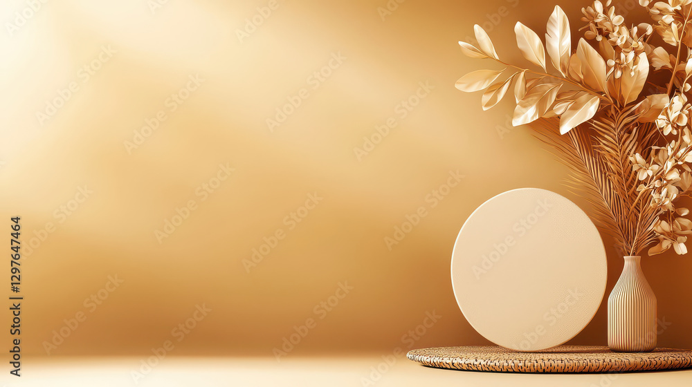 Aufkleber soft beige modern signage board is elegantly displayed with decorative foliage in vase, creating ser