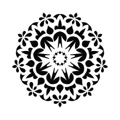 An intricate mandala illustration with floral and geometric patterns, rendered in black and white illustration. Ideal for coloring or decor. symmetry, ethnic, inspiration, invitation, lifestyles