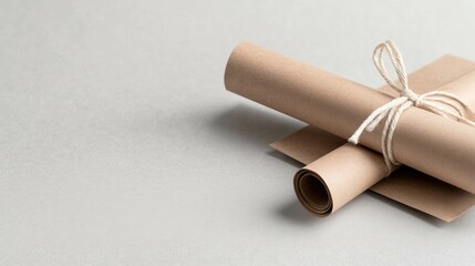 Rolled kraft paper documents tied with twine on grey background;  education,  packaging mockup