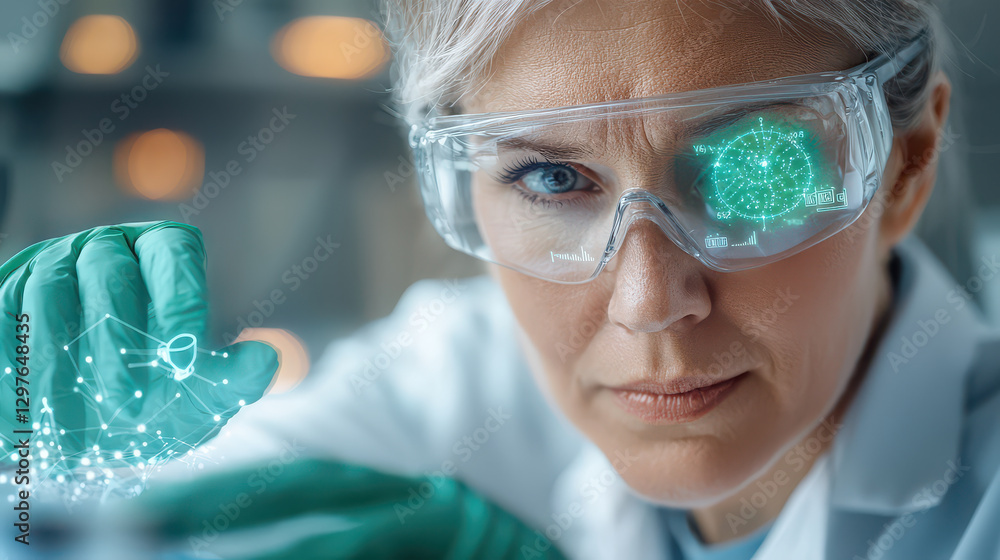 Poster scientist wearing augmented reality glasses examines digital interface with focus and precision in l