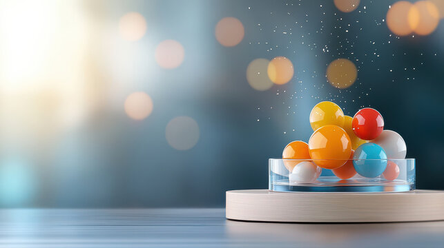 collection of colorful spheres rests on wooden platform, with blurred bokeh background creating dreamy atmosphere. spheres are arranged in glass dish, showcasing variety of vibrant hues