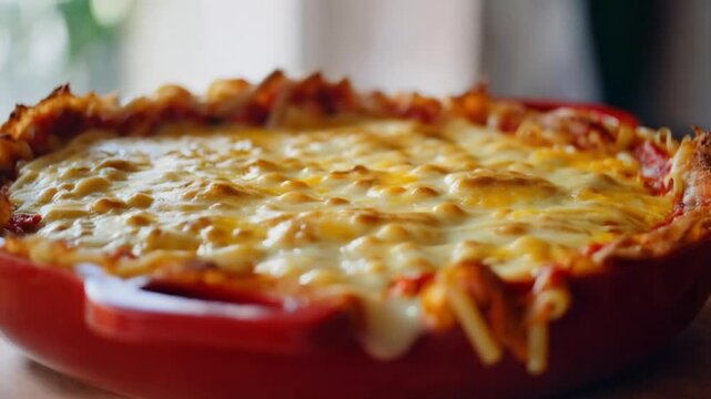 Baked ziti with layers of cheese and pasta, close-up, soft glowing lighting
