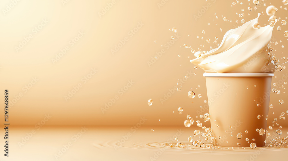 Poster light beige cup with creamy splash surrounded by bubbles on matching background creates minimalistic and elegant scene