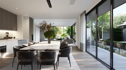 An elegant dining room with a long marble dining table, velvet chairs, a sculptural chandelier, and large glass doors opening to a lush garden.