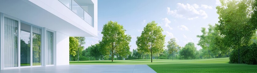 Modern building, green park.