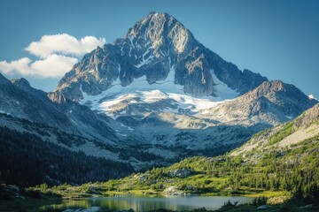 Naklejka premium Scenic mountain trail through rugged terrain leading to majestic peak in bright daylight showcasing the beauty of nature