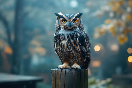 Majestic eurasian eagle-owl perched on wooden post in foggy forest